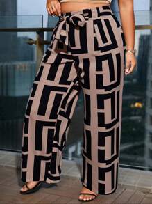 SHEIN SXY Plus Size All Over Print Belted Pocket Casual Loose Pants - Multicolor - View 3