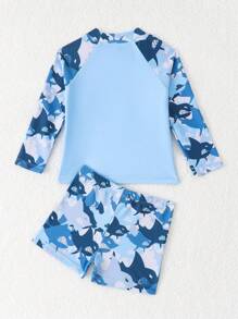 SHEIN 2pcs Toddler Boys Cute Crab Print Long Sleeve Top And Striped Shorts Swimsuit Set, Suitable For Summer Beach, Pool, Swimming, Water Park, Surf Trunks - Multicolor - View 2