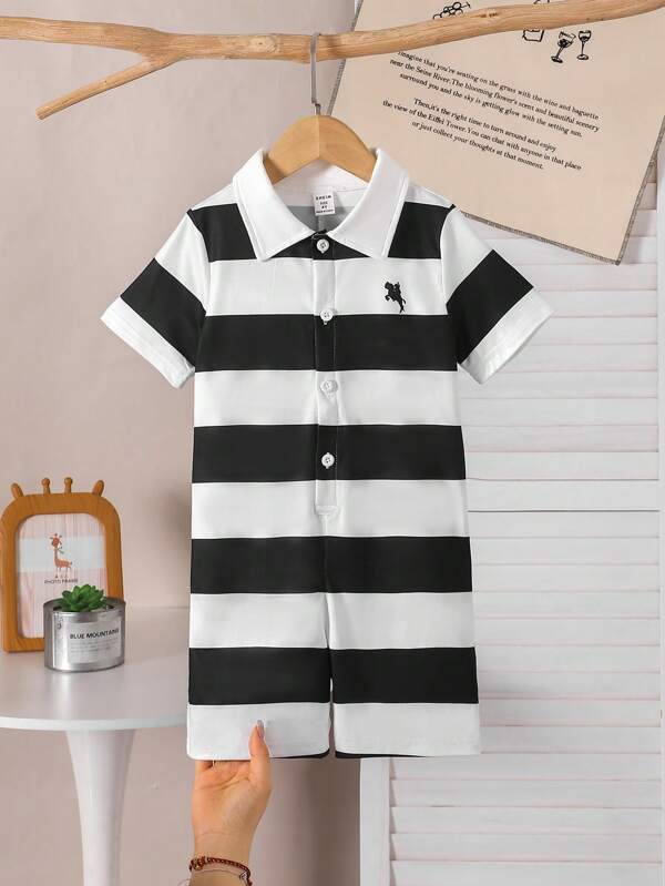 SHEIN 1pc Young Boys Striped Casual Romper, Vacation Style For Summer