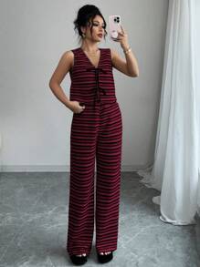 SHEIN Clasi 2件套女士夏季条纹前系带吊带背心和长裤 - 紅色 - 查看 5