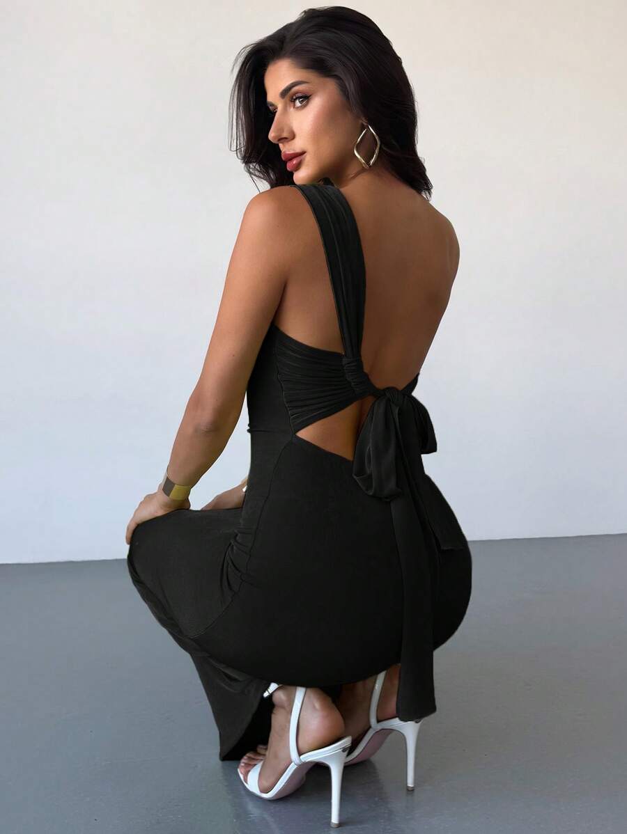 Firerie Robe Maxi élégante et sexy à une épaule froncée avec dos ouvert, verte, convenant pour la Saint-Valentin, la saison des mariages, la Saint-Patrick, le printemps/l'été