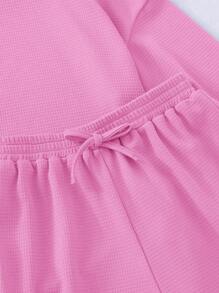 SHEIN LMoss Kids 2件套少女纯色针织宽松圆领T恤和合身针织短裤 - 粉色 - 查看 3