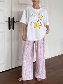 DAZY Women 2 Pieces Sleepwear Set With Cute Rabbit Print T-Shirt And Pants - Purple - View 4