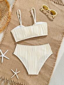 SHEIN Tween Girls' Starfish Textured Swimsuit Set Young Girl Summer Outfits Young Girls Sets Girl Beach Sets Beach Side Outfit For Girls Women Bathing Suit Set - Beige - View 2