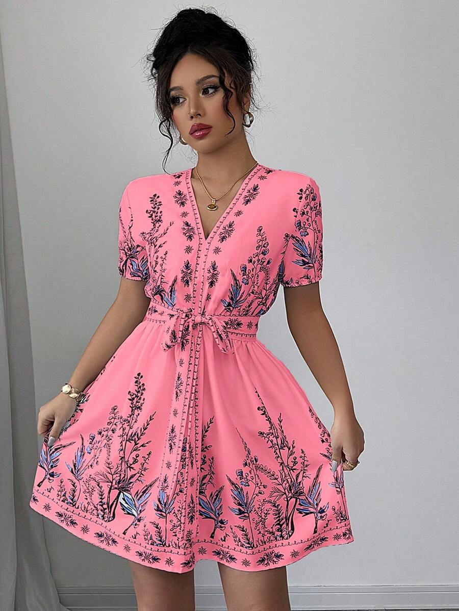 Elenzga 女式植物印花V领泡泡袖束腰连衣裙 - 粉色 - 查看 1