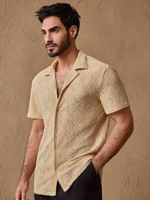 Manfinity VCAY Camisa de manga corta de cuello de corte ajustado con punto calado y diseño entrelazado para hombre - Caqui - Ver 4
