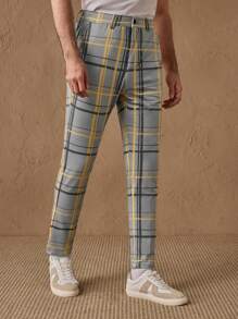 Manfinity ModaGents Men's Multicolor Cropped Knitted Pants: Stylish Plaid Pattern Semi-Sheer Trousers With Zipper Detail