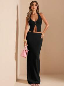 SHEIN BAE 2pcs Women's Summer Solid Sexy Deep V-Neck Halter Textured Backless Tank Top & Low Waist Long Skirt Set, Vacation White Suit Honeymoon Outfits Woman - Black - View 5