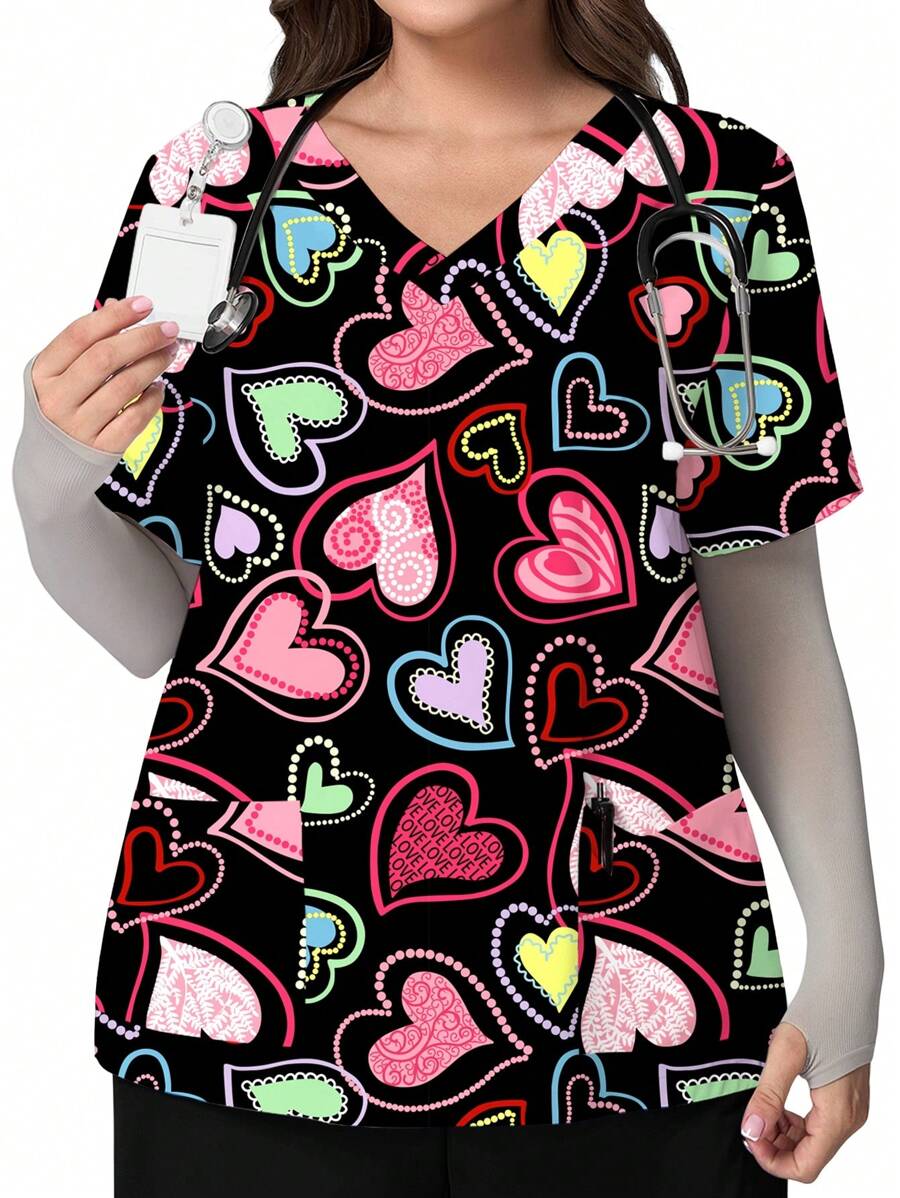 PopScrub Plus Size Women's Black V-Neck Short Sleeve Double Pocket Side Slit Colorful Heart Pattern Love Cartoon Print Nurse/Doctor Work Uniform Top, Solid Color Pet Grooming Work Uniform Top, Nutritionist Work Uniform Short Sleeve Top, Multi-Pocket Functional Lab Work Uniform, Affordable, Functional Holiday Costume, Valentine's Day - Black - View 1