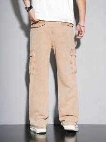 Manfinity Homme 宽松男式翻盖口袋侧边工装牛仔裤 - 卡其色 - 查看 2