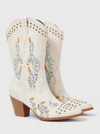 Fairycore Women's Pull-On Cowgirl Boots With Contrast Color Stitching Details, Western Style Outdoor Casual Calf Length Riding Boots