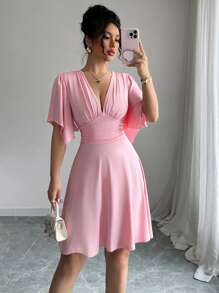 Elenzga New Women V-Neck Ruched Bust Flare Sleeve Cinched Waist Waist Elegant Mini Dress, Slimming & Flattering