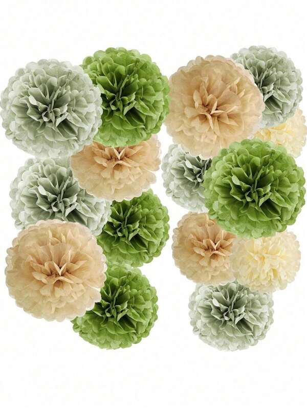 SHEIN 12pcs/15pcs/16pcs Boho Floral Party Decoration Set For Wedding, Birthday, Jungle Animal Party, Wall Hanging Decor Valentine DAY, Valentines Wedding, BirthdayWedding Party Decor Paper Flower Balls, Khaki, Beige, Olive Green Paper Pom Poms, Birthday Party Background Decoration Balls, Suitable For Festivals, Anniversaries, Wedding, Valentine's Day Decorations Mother's Day Graduation