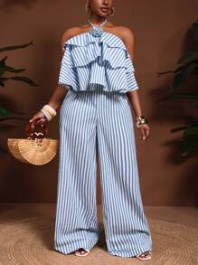 Veslaya Plus Size 2025 Spring/Summer New Arrival Plus Striped Print Drop Summer Vacation Clothes Women Summer Clothes Woman Jumpsuit Women's Jumpers Suits Women Work Outfits Women Summer Clothes Women Two Pieces Outfits - Blue and White - View 3
