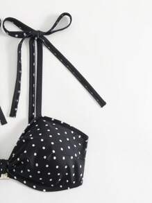 SHEIN Swim Curve 大码 2 件黑白随机波尔卡圆点印花扭纹前开式休闲海滩度假女士比基尼套装 - 黑與白 - 查看 3