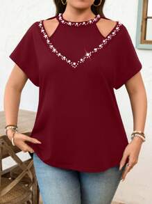 SHEIN Clasi Plus Size Women Elegant Knit Short Sleeve Body-Con Black T-Shirt With Pearl Decor - Burgundy - View 3