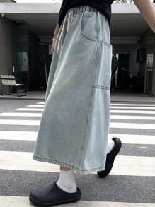 DAZY 女士夏季抽绳松紧腰七分直筒宽松休闲牛仔裤，宽松牛仔短裤 - 淺色水洗藍 - 查看 1