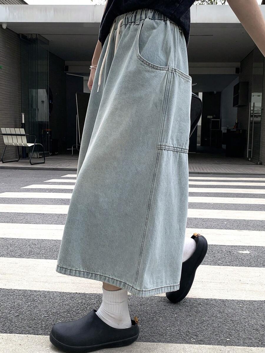 DAZY 女士夏季抽绳松紧腰七分直筒宽松休闲牛仔裤，宽松牛仔短裤 - 淺色水洗藍 - 查看 1