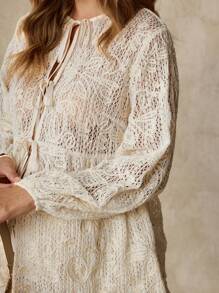 SHEIN Bohemian  2pcs/Set Pregnant Women's Floral Hollow Out Front Tie Long Sleeve Top And Shorts Casual Vacation Outfit   Front Tied Bow   Pregnancy Outfits,Tie Knot - Apricot - View 7