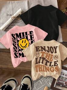 SHEIN Leap Crew 3pcs Tween Girls Casual Loose Cartoon Smile & SMLLE Letter Graphic Round Neck Short Sleeve T-Shirts, Suitable For Summer - Multicolor - View 2