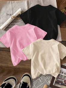 SHEIN 3 件装 Tween 女童休闲卡通字母印花 T 恤，适合夏季 - 彩色 - 查看 2