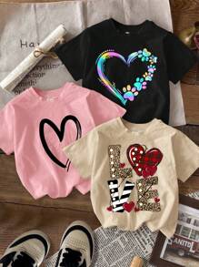 SHEIN Tween Girls Casual Minimalist Tees, Heart, Leopard Print Love, Plaid Heart, Colorful Heart Graphic Designs, Black, Pink, Khaki, Suitable For Summer