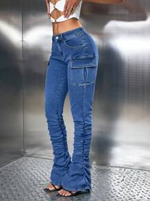 SHEIN ICON Women's Casual Washed Wrinkle Fitted Cargo Jeans - Navy Blue - View 6