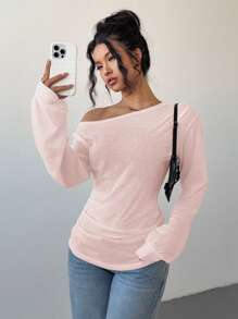 Siren Gaze Frühlings- und Sommer-Damen-Shirt mit einfarbigem Schalkragen, langärmelig, für Frauen in lässiger, locker fallender Slouch-Optik, transparente Bluse im Urlaubsstil, Off-Shoulder Oberteil für Frauen - Pink - Übersicht 3
