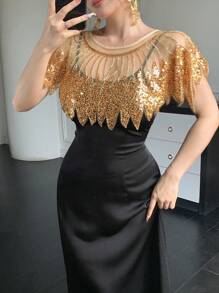 DAZY 女士优雅修身婚礼/宴会礼服套装，饰有闪亮亮片、网纱披肩、缎面和绉纱吊带连衣裙，适合返校节、舞会、新年等场合，也可作为女士嘉年华闪亮礼服穿着。 - 黑色 - 查看 7