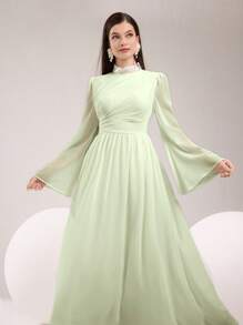 Modelyn 女式仿珍珠装饰立领长袖优雅加长连衣裙 - 黃色 - 查看 4