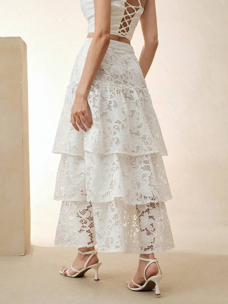 Elegant Embroidered Ruffle Layered A-Line Long Skirt For Women, Suitable For Summer, Classy, Elegant, Beach, Festival, Holiday, Vacation