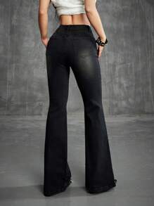 Coolane Women's Summer Concert Cowgirl Rave Western Wear Music Festival Y2K Party Rave Denim Rhinestone Low Rise Flare Jeans With Rhinestones, Night Out, Vintage, Streetwear, Fall Women Jeans - Black - View 2