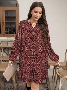 SHEIN LUNE 大码复古图案长袖休闲连衣裙，适合夏季和度假 - 彩色 - 查看 7