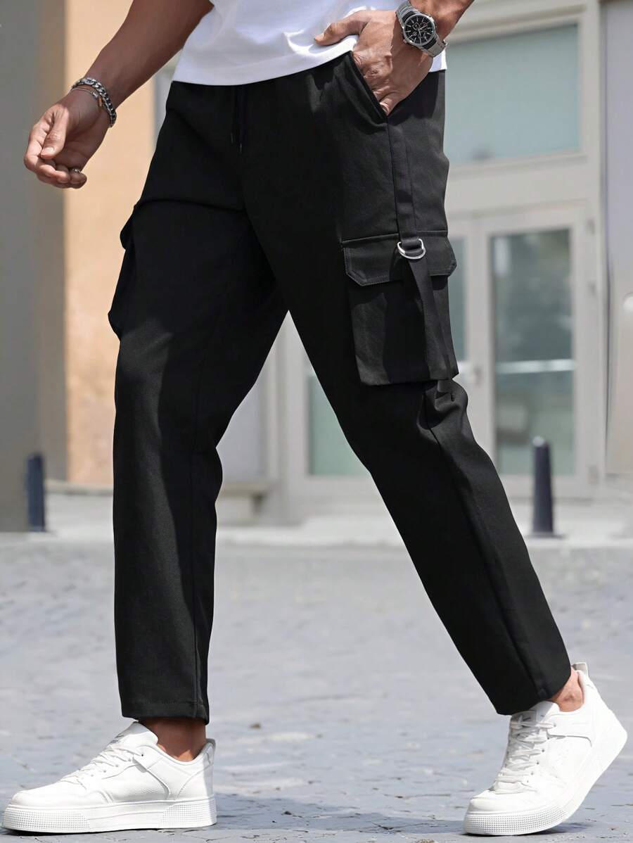 Manfinity Homme Men's Multi-Pocket Straight Leg Loose Fit Pants, Versatile Streetwear Pants High Waisted Suit Pants - Black - View 1