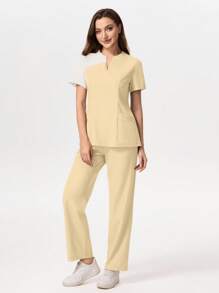 TaskEZ Color-Block Short Sleeve Nurse Scrub Uniform Scrub Set With Pants - Apricot - View 2