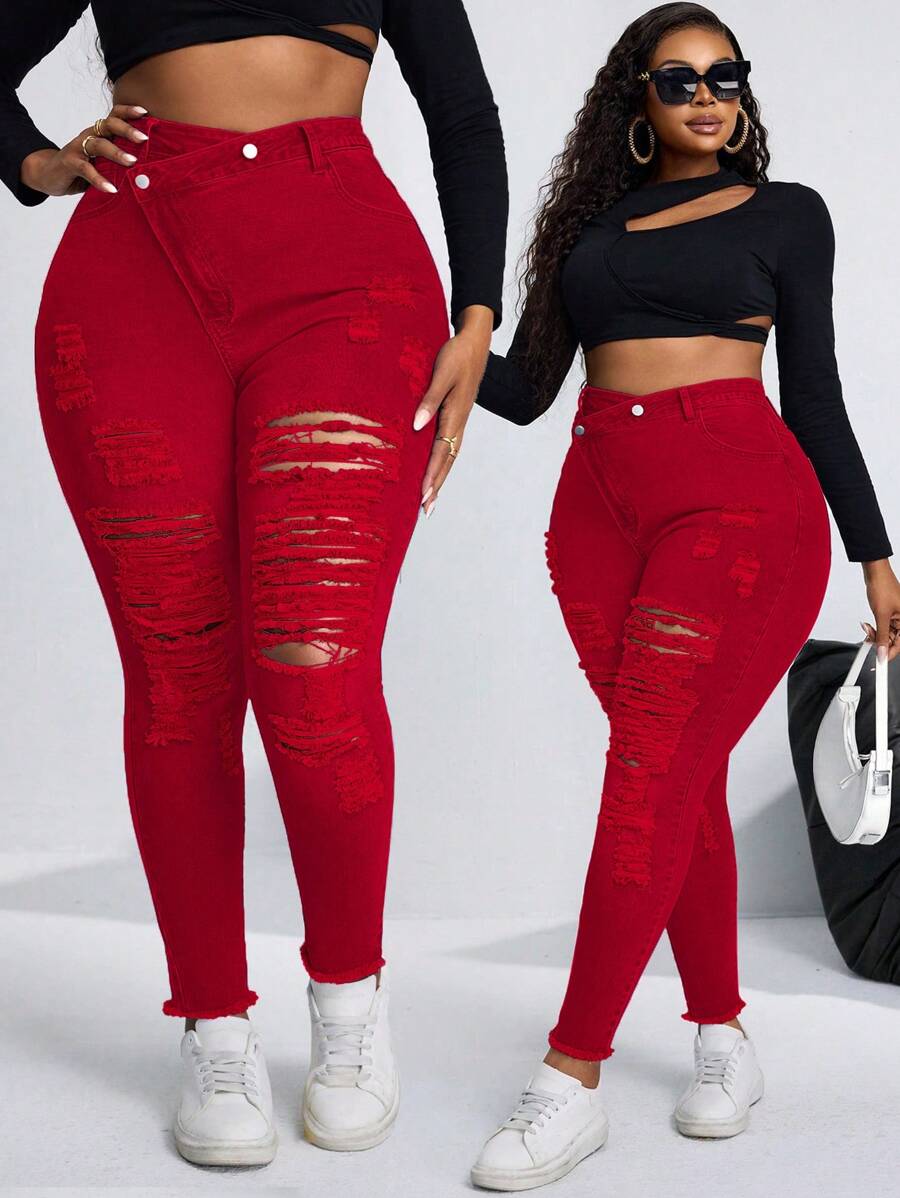 SHEIN SXY Quần Jeans Co Giãn Denim Co Giãn Sexy Thời Trang Cỡ Lớn - Đỏ - Xem 1