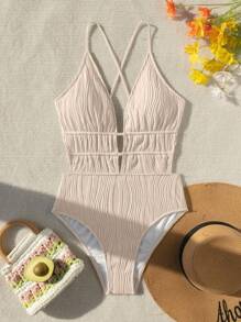 Swim Vcay Summer Beach Ladies' Solid Color Backless Fashionable Swimming Beachwear One-Piece Swimsuit White Swimsuit - Apricot - View 4