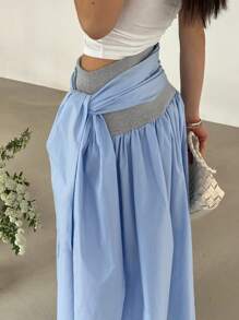 DAZY Falda larga de mujer con cintura con cordón y parches de colores contrastantes - Azul - Ver 6