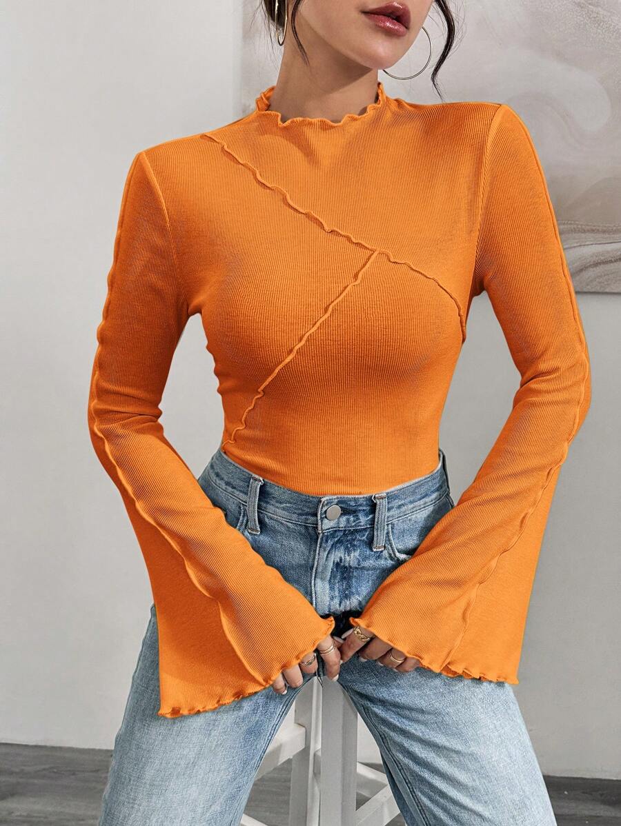 SHEIN Essnce Women Casual Solid Color Ribbed Lettuce Trim Flare Sleeve Fitted T-Shirt, Spring - Orange - View 1