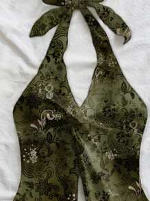 Soleia Áo ba lỗ hở lưng họa tiết cây thời trang gợi cảm thắt nút thắt lưng xẻ tà - màu xanh lá - Xem 3