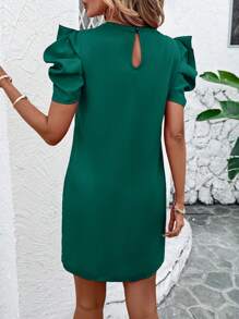 SHEIN Clasi Women Solid Round Neck Short Puff Sleeve Straight Casual Mini Dress Green - Dark Green - View 2