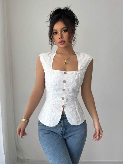 Elenzga Blusa regular elegante, dulce y encantadora con cuello cuadrado, bordado, cintura de botones y estilo vintage para mujeres, ideal para citas, playa, vacaciones, estilo bohemio, bodas y festivales de música