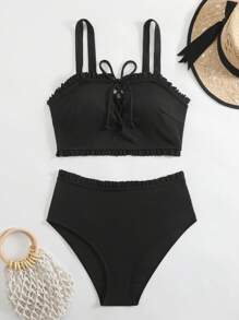 Swim Lushoire 2 件纯色镂空抽绳设计女士泳衣套装女士夏季衣服女士两件套服装女士服装套装夏季女士两件套服装两件套泳衣女士沙滩套装女士，系带，镂空，荷叶边饰边， - 黑色 - 查看 6