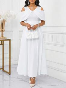 SHEIN Lady Women's Casual Off-Shoulder Solid Color Dress, Summer Summer Dresses For Women Wedding Guest Dress Women Birthday Dresses For Women White Dresses For Women - White - View 4