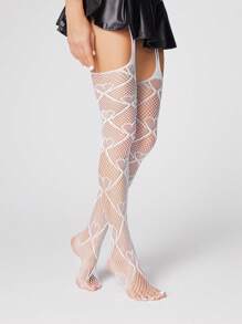 ROMWE Fairycore 1 Pair Women Heart Grid Pattern Fishnet Stockings, All-Season - White - View 2