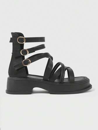 Goth Sandalias góticas negras de tacón alto para mujer, sandalias romanas de verano de punta abierta con cremallera, sandalias de plataforma con tira de tobillo y cuña