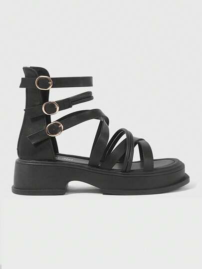 Goth Sandalias góticas negras de tacón alto para mujer, sandalias romanas de verano de punta abierta con cremallera, sandalias de plataforma con tira de tobillo y cuña
