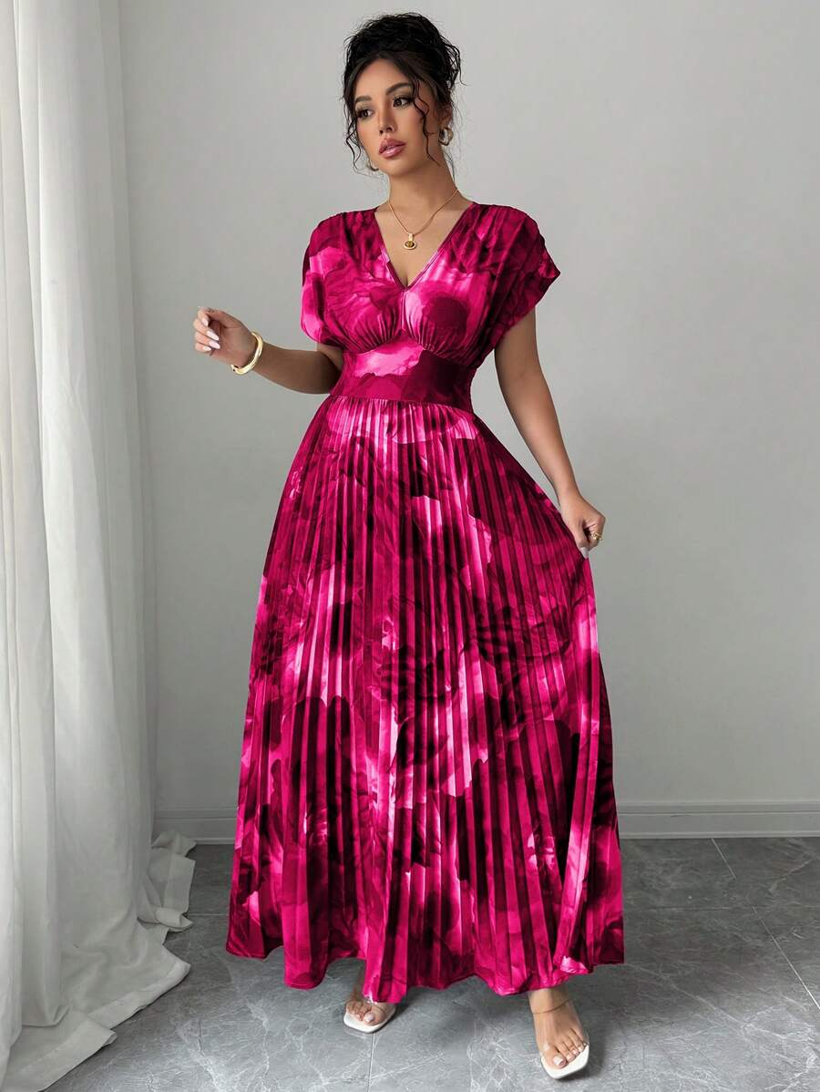 Elenzga Women's Random Printed Elegant Waistband Fitted Pleated Dress, Fashionable Holiday Style - Pink - View 1