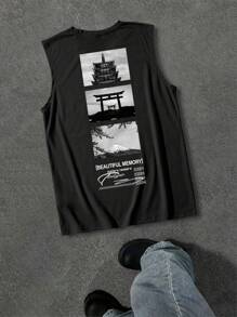 Manfinity Homme This Black Sleeveless T-Shirt Features A Print On The Back Depicting Iconic Japanese Architecture And Mount , Accompanied By The Text "BEAUTIFUL MEMORY", Evoking Memories Of Joyful Travel Experiences. The Relaxed Fit And Comfortable Material Make It Suitable For Casual Or Athletic Wear, Allowing You To Express Your Personal Style While Enjoying The Allure Of International Flair. - Black - View 3