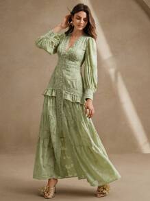 Anewsta 法式褶皱 V 领泡泡袖优雅修身连衣裙长款女装春季、节日、度假、休闲、优雅 - 綠色 - 查看 6